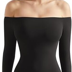 SUUKSESS Women Off the Shoulder Long Sleeve Bodysuit Double Lined Thong Bodysuit