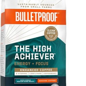Bulletproof The High Achiever Ground Coffee, 10 Ounces, Medium-Dark Roast Enhanced Coffee with Lion’s Mane Mushroom, B Vitamins, and Adapto…
