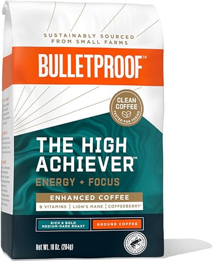 Bulletproof The High Achiever Ground Coffee, 10 Ounces, Medium-Dark Roast Enhanced Coffee with Lion's Mane Mushroom, B Vitamins, and Adapto...