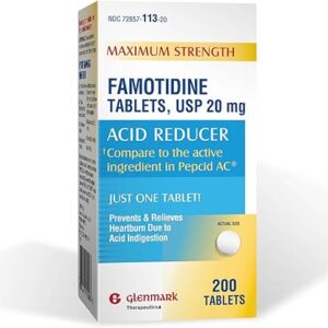 Glenmark Maximum Strength Famotidine Tablets, 20 mg, Acid Reducer for Heartburn Relief, 200 Count