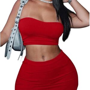 Milumia Women Two Piece Outfits Strapless Crop Tube Top Bodycon Skirt Matching Sets