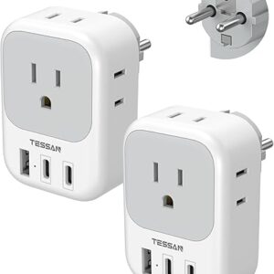 Type E F Plug Adapter 2 Pack, TESSAN European Travel Plug Adapter with 4 Outlets 3 USB (2 USB-C), Adaptors for European Outlets for US to D…