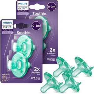 Philips Avent Soothie 0-3 Months Orthodontic Baby Pacifiers, 100% Silicone Pacifiers, One Piece, BPA-Free, Green, 4 Pack, Model SCF190/41