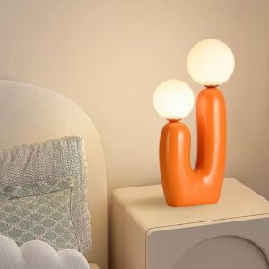 Modern Orange Cactus Shape 2 Lights Table Lamp Mushroom White Milk Globe Glass Table Light Cute Dimmable Resin Light Fixtures for Bedroom L…
