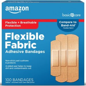 Amazon Basic Care Flexible Fabric Adhesive Bandages, First Aid and Wound Care Supplies, Assorted Sizes, 100 Count