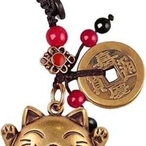 Lucky Cat Charms,Maneki Neko Brass Cat Keychain With Feng Shui Coins,Buddha Statue Kitty Good Luck Charms