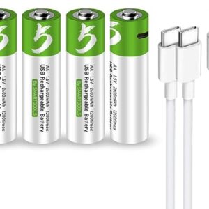 USB AA Lithium ion Rechargeable Battery, High Capacity 1.5V 2600mWh Rechargeable AA Battery, 1.5 H Fast Charge, 1200 Cycle with Type C Port…