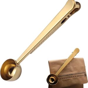 Coffee Scoop Clip,Stainless Steel Measuring Scoop With Coffee Bag Clip for Ground Coffee Tea Protein Scoop Tablespoon Measure Spoon(Gold)