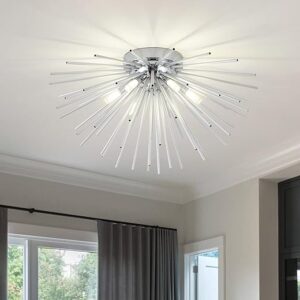 Sputnik Flush Mount Ceiling Light Fixture, 6-Light Chrome Firework Ceiling Lights, 19.6″ Modern Chandeliers Close to Ceiling Lamp for Bedro…