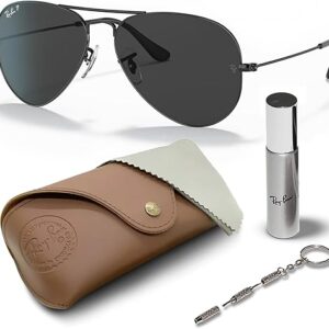 Ray-Ban RB3025 Classic Total Black Collection Polarized Aviator Shape Sunglasses With Eyewear Kit Bundle – Adjustable Nose Pads – Casual We…