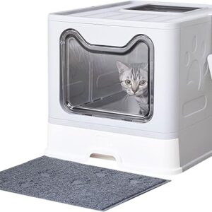 Cat Litter Box with Litter Mat and Scoop, Large Foldable Litter Box with Lid, Front Entry Top Exit Kitty Box, Odor Control, Easy to Clean (…