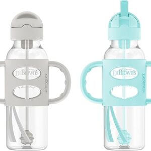 Dr. Brown’s Milestones Narrow Sippy Straw Bottle, Spill-Proof with 100% Silicone Handles and Weighted Straw, 8 oz/250 mL, Gray & Green, 6m+