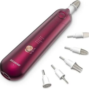Professional Manicure Pedicure Set – Cordless Electric Foot Nail Care Trimmer Buffer Tools – 5 Speeds, Rechargeable, Thick Nails (Red)