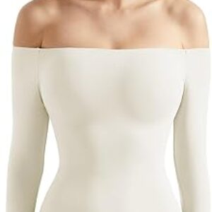 SUUKSESS Women Off the Shoulder Long Sleeve Bodysuit Double Lined Thong Bodysuit