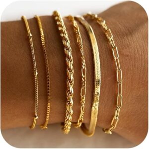 DEARMAY Gold Bracelets for Women Waterproof, 14K Real Gold Jewelry Sets for Women Trendy Thin Dainty Stackable Cuban Link Paperclip Chain B…