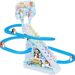 Penguin Race Set Little Penguin Slide Playset LED Flashing Lights Race Track Game Set Penguin Stair Climbing Toy for Children, 3 Penguin