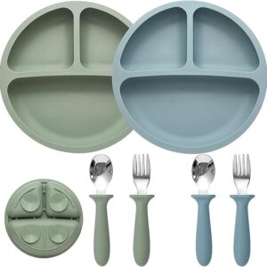 Baby Feeding Set, 2 Pack Silicone Divided Suction Plates for Baby, 2 Pack Spoons and Forks Set, BPA Free, Baby Led Weaning Supplies for Tod…