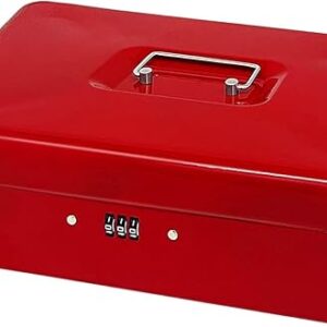 Steel Cash Box with Combination Lock, Metal Small Money Organizer with Removable Money Tray,Cash Storage Box with Lockable Cover (Red- 11.8…