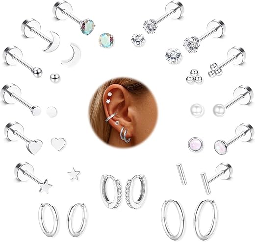 15 Pairs Small Hypoallergenic Surgical Steel Earrings for Sensitive Ears 14K Gold Plated CZ Opal Flower Flat Back Stud Earrings for Women M...