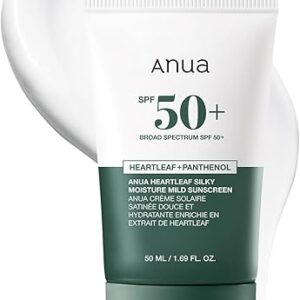 Anua Heartleaf Silky Moisture Mild Sunscreen, Broad Spectrum SPF 50+ with Moisturizing Formula, Lightweight Korean Sunscreen, Natural finish, Vega…