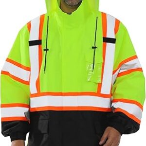 Hi Vis Rain Jacket Waterproof Class 3 High Visibility Rain Gear for Work Reflective, Safety Rain Coats for Men with Black Bottom Lightweigh…