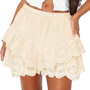 Women’s Mini Skirts for Women High Waist Ruffle Skirt Smock Eyelet Solid A Line Summer Party Beach Short Skort