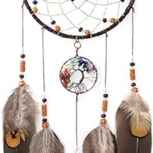 OUTUXED Dream Catcher Tree of Life Brown Native American Dreamcatcher Handmade Feather for Bedroom Wall Hanging Home Decor Wedding Party Bl…