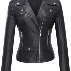 Tanming Women’s Faux Leather Moto Biker Short Coat Jacket