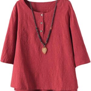 Minibee Women’s 3/4 Sleeve Cotton Linen Jacquard Blouses Top T-Shirt