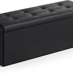 SONGMICS MAZIE Collection – 43 Inches Folding Storage Ottoman Bench, Ottoman with Storage, Foot Rest Stool, Load 660 lb, for Living Room, Synthetic Leather, Black ULSF701