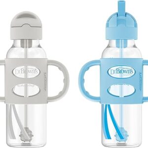 Dr. Brown’s Milestones Narrow Sippy Straw Bottle, Spill-Proof with 100% Silicone Handles and Weighted Straw, 8 oz/250 mL, Gray & Blue, 6m+