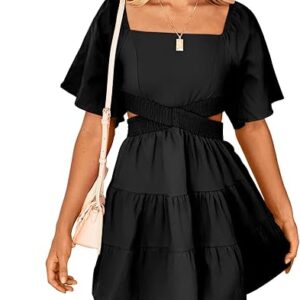 Senllen Womens Summer Dresses 2025 Short-Sleeve Square Neck Mini Dress Crossover Elastic Waist Casual Party Tiered Dress