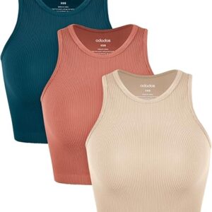 ODODOS 3-Pack Seamless Crop Tank for Women Ribbed Soft High Neck Cropped Tops
