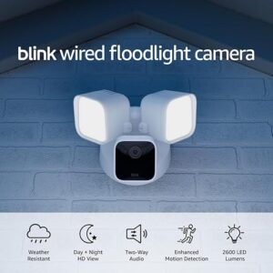 Blink Wired Floodlight Camera – Smart security camera, 2600 lumens, HD live view, enhanced motion detection, built-in siren, Works with Alexa – 1 camera (White)
