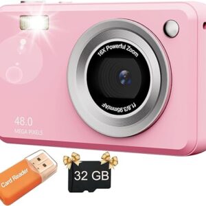 Digital Camera with 32GB Card, Lanyard, 16X Zoom Anti Shake, 48MP Compact Portable Small Point Shoot Camera, Gift for Student Children Teen