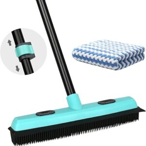 Rubber Broom Carpet Rake for Pet Hair Removal, Fur Remover Broom with 59″ Telescoping Long Handle, Pet Hair Broom with Squeegee for Carpet,…