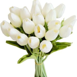 Mandy’s 20pcs White Artificial Tulip Silk Fake Flowers 13.5″ for Spring Mother’s Day Easter Gifts in Bulk Home Kitchen Wedding Decorations