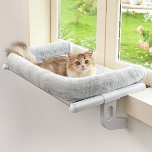 Cat Window Sill Perch with Large Bolster, Easy to Adjust & Assemble Cat Window Seat for Windowsill & Bedside, Pet Hammock Bed for Large Cat…