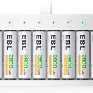 EBL Rechargeable AA Batteries 8 Pack, Ni-MH 2800mAh Double A Battery and 8-Bay AA AAA Individual USB Battery Charger for NIMH NiCd Battery