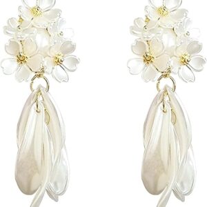 White Magnolia Blossom Tassel Drop Earrings