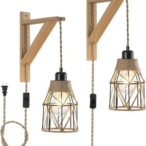 SEEBLEN Farmhouse Wood Wall Sconce Set of Two Plug-in, Vintage Wall Light with Plug in Cord, Rustic Metal Cage Hanging Lamp with Wooden Bra…