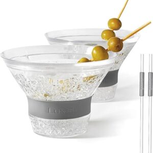 Martini Glasses, Plastic Reusable Insulated Freeze Martini Cups, Gel Chiller, Double Wall Stemless Martini Glasses Set of 2, Grey, 9 Oz Capa…