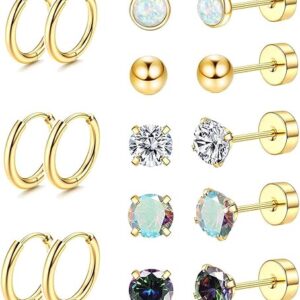 Jstyle Surgical Steel Earrings for Sensitive Ears Hypoallergenic 20G Stainless Steel Stud Hoop Earrings for Women Men Small Opal Ball CZ Su…