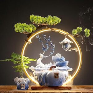 Deer Tabletop Water Fountain with LED Light Mist, Home Decor Includes Backflow Incense,Japanese Water Fountains for Meditation,Indoor Zen Decor fo…
