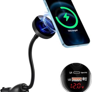 DACK Mag-Safe 15W Car Cigarette Lighter Wireless Charger, Magnetic Auto-Alignment Air Vent Mount Holder with Dual Port PD&QC3.0 Fast Chargi…