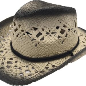 Western Woven Straw Hat Cowboy Cowgirl Printed Hat Round Up Sun Hat with Windproof for Men and Women