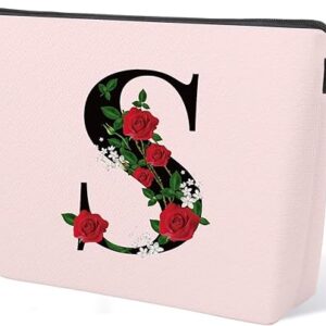Personalized Makeup Bag, Initial Letter S Makeup Bag for Women Girl Christmas Gift Monogram Cosmetic Bag Pink Personalized Toiletry Pouch, …