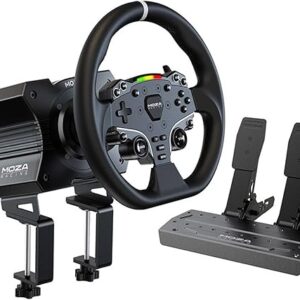 MOZA R5 All-in-One PC Gaming Racing Simulator 4PCS Bundle: 5.5Nm Direct Drive Wheel Base, 11-inch Racing Wheel, Anti-Slip Pedals and a Desk …