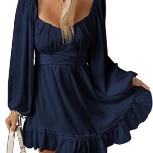 Acelitt Spring Fashion 2025 Wedding Guest Dress for Women Square Neck Long Lantern Sleeve Ruffle A-Line Casual Mini Dresses