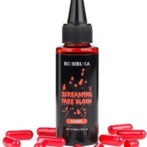 BOBISUKA Halloween Fake Blood + 10 Pack of Easy to Fill Empty Capsules, Realistic Washable Fake Blood Kit for Stage Zombie Vampire Cosplay …